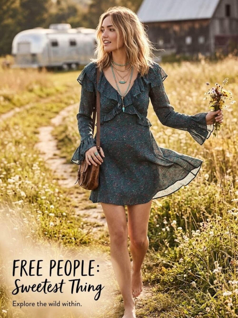 Free People Sweetest Thing Green Floral Print Romantic Ruffle Boho mini dress, 0